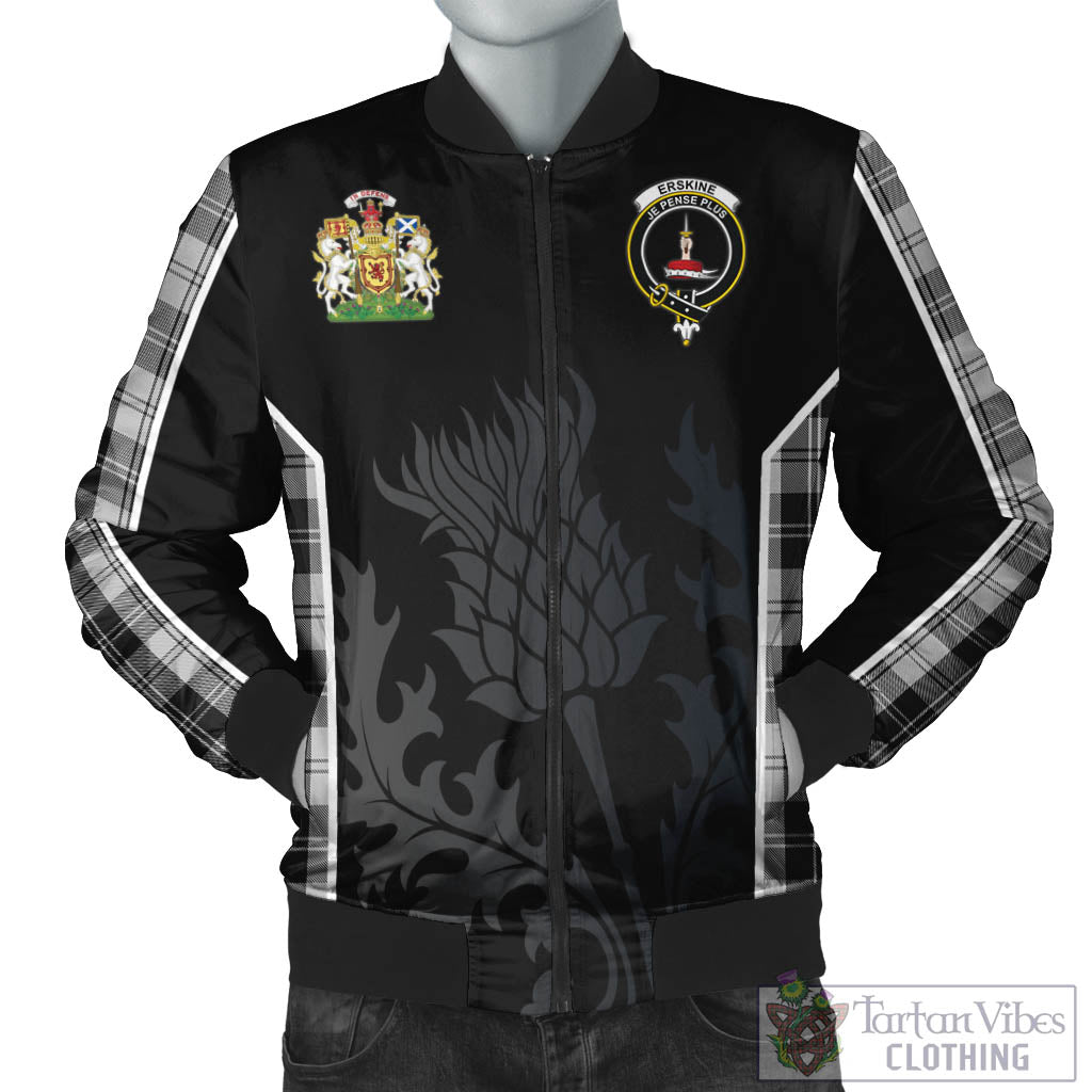 Tartan Vibes Clothing Erskine Black and White Tartan Bomber Jacket with Family Crest and Scottish Thistle Vibes Sport Style