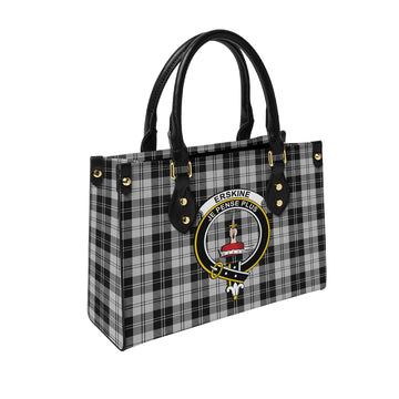 Erskine Black and White Tartan Leather Bag with Family Crest