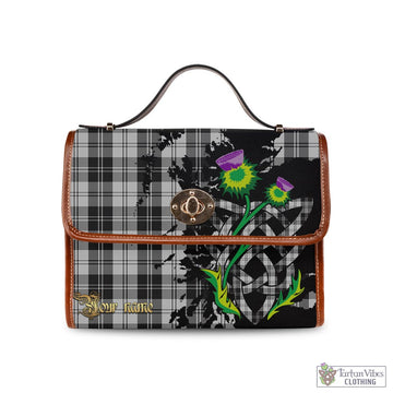 Erskine Black and White Tartan Waterproof Canvas Bag with Scotland Map and Thistle Celtic Accents