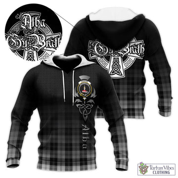 Erskine Black and White Tartan Knitted Hoodie Featuring Alba Gu Brath Family Crest Celtic Inspired