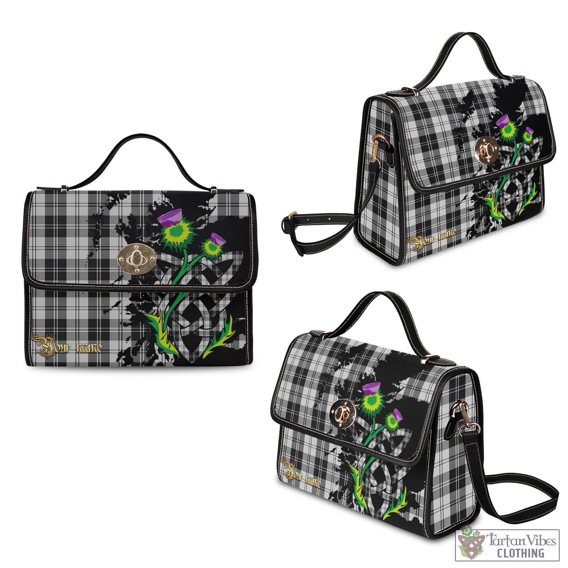 Tartan Vibes Clothing Erskine Black and White Tartan Waterproof Canvas Bag with Scotland Map and Thistle Celtic Accents