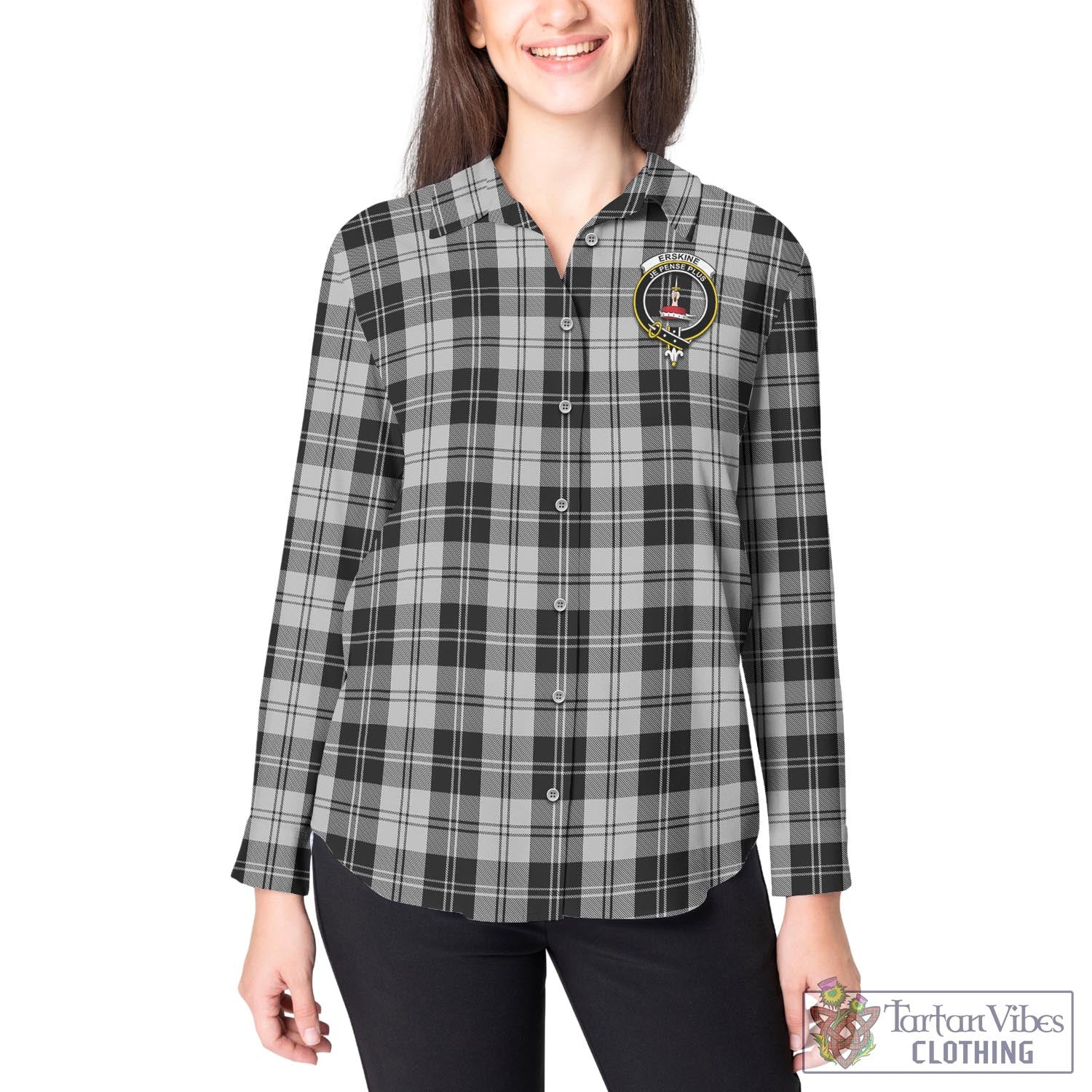 Tartan Vibes Clothing Erskine Black and White Tartan Womens Casual Shirt with Family Crest