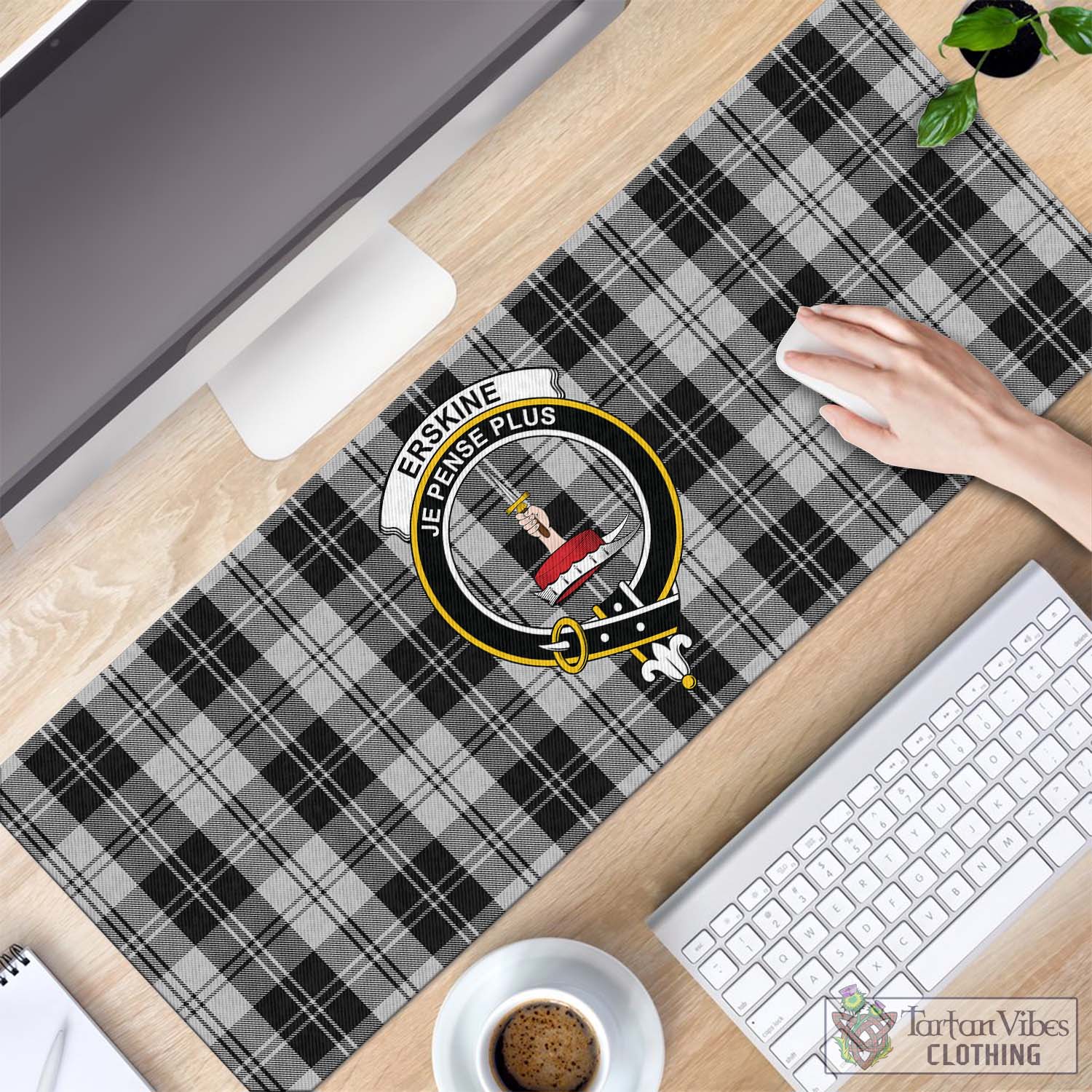 Tartan Vibes Clothing Erskine Black and White Tartan Mouse Pad with Family Crest