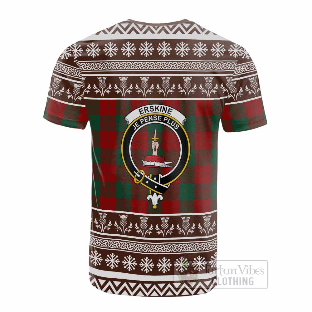 Erskine Clan Tartan Christmas Cotton T-shirt with Family Crest - Tartan Vibes Clothing