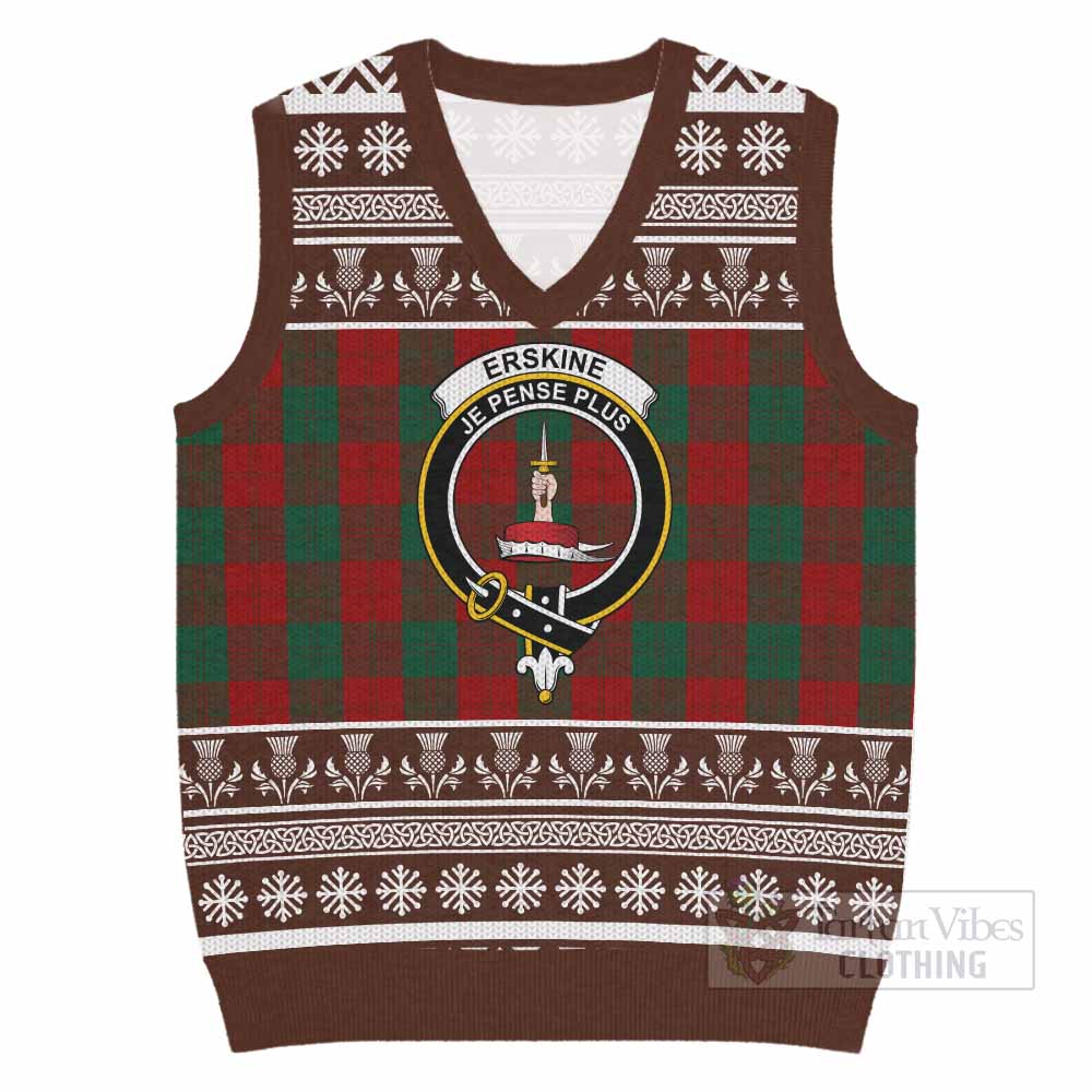 Erskine Clan Tartan Christmas Knitted V-Neck Vest with Family Crest - Tartan Vibes Clothing