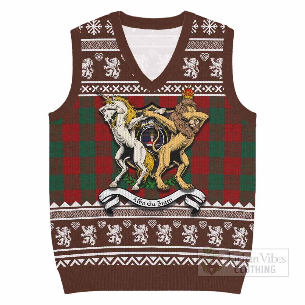 Erskine Clan Tartan Crest Christmas Knitted V-Neck Vest Coat of Arms Funny Style - Tartan Vibes Clothing