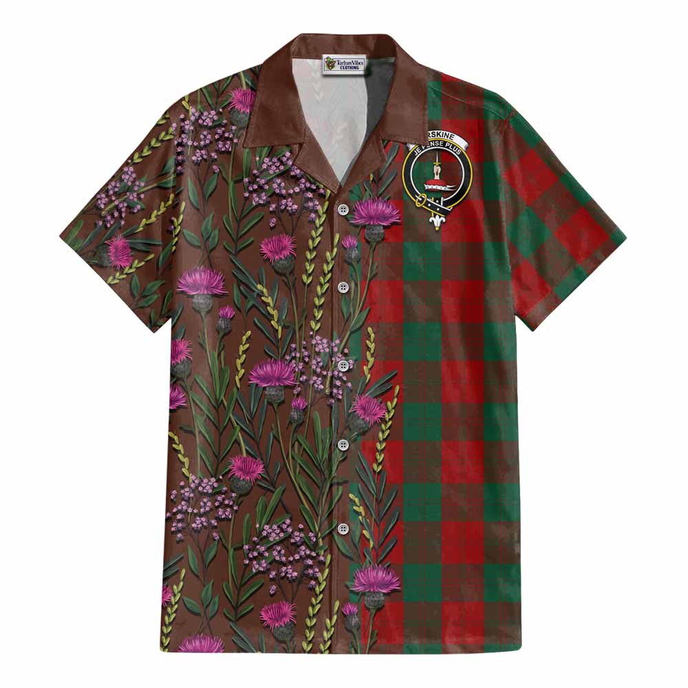 Erskine Family Crest Tartan Cotton Hawaiian Shirt Scottish Thistle Flower Pattern Half Style - Tartan Vibes Clothing