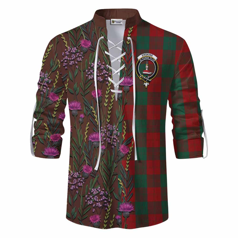 Erskine Family Crest Tartan Ghillie Shirt Scottish Thistle Flower Pattern Half Style - Tartan Vibes Clothing