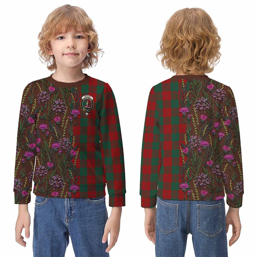 Erskine Family Crest Tartan Kid Knitted Sweatshirt Scottish Thistle Flower Pattern Half Style - Tartan Vibes Clothing
