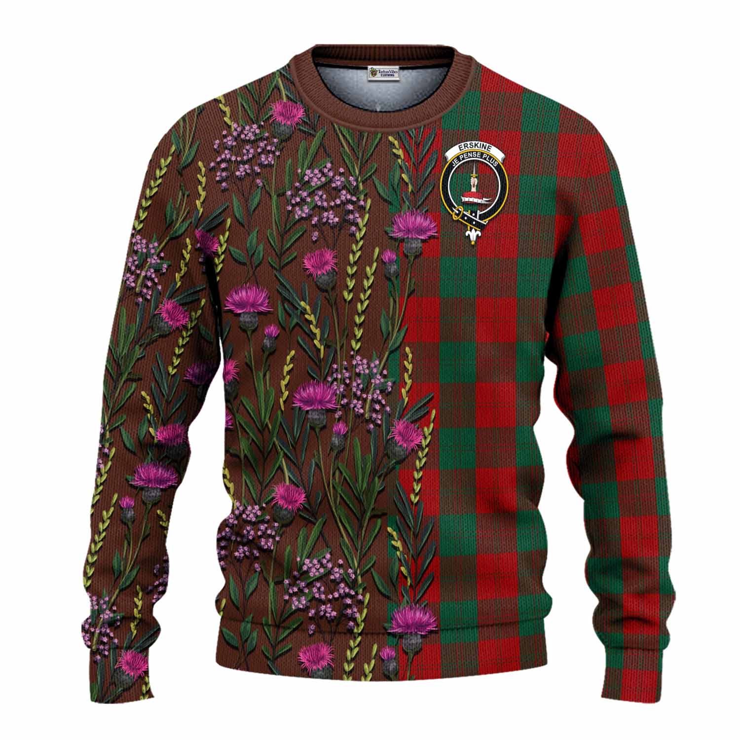 Erskine Family Crest Tartan Knitted Sweater Scottish Thistle Flower Pattern Half Style - Tartan Vibes Clothing