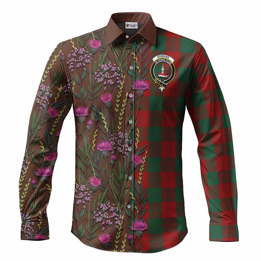 Erskine Family Crest Tartan Long Sleeve Button Shirts Scottish Thistle Flower Pattern Half Style - Tartan Vibes Clothing