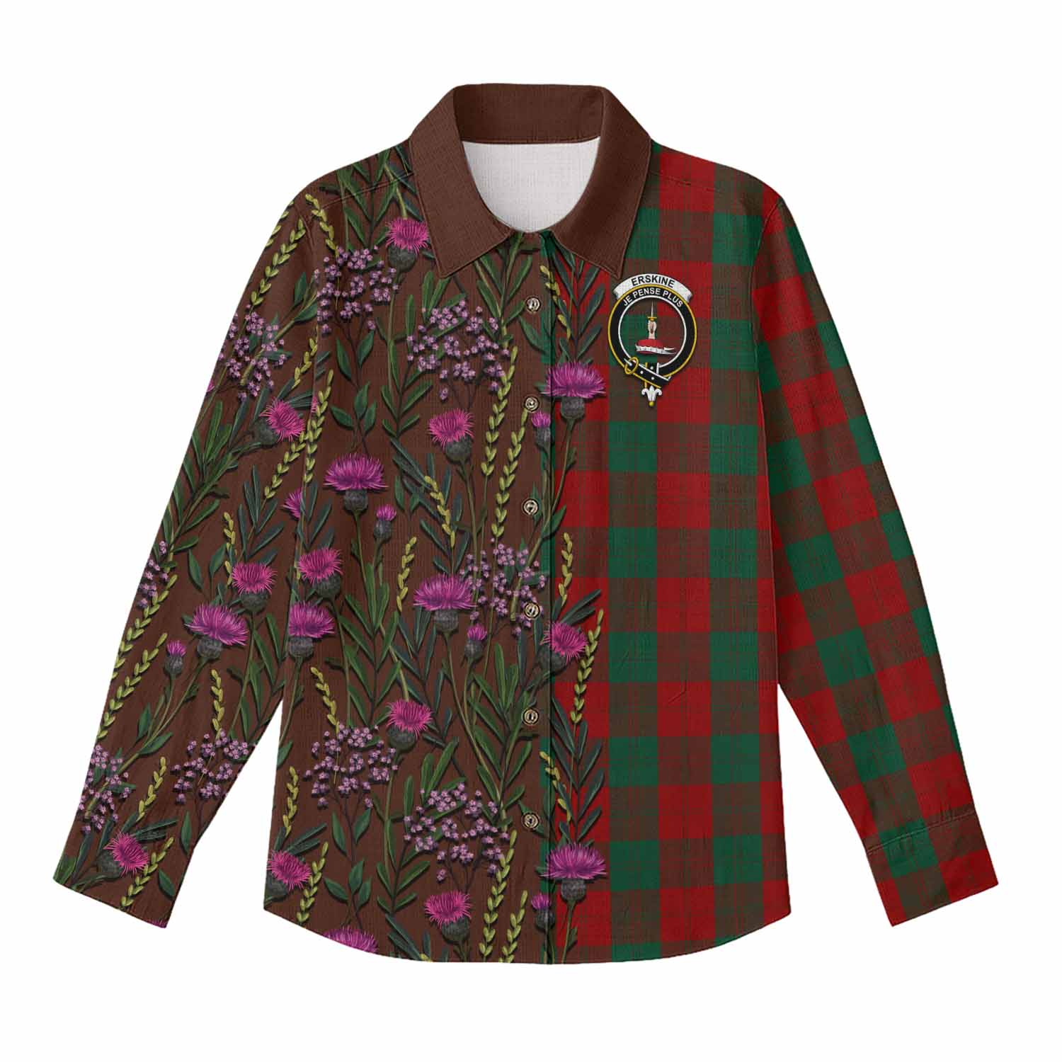Erskine Family Crest Tartan Women Casual Shirt Scottish Thistle Flower Pattern Half Style - Tartan Vibes Clothing