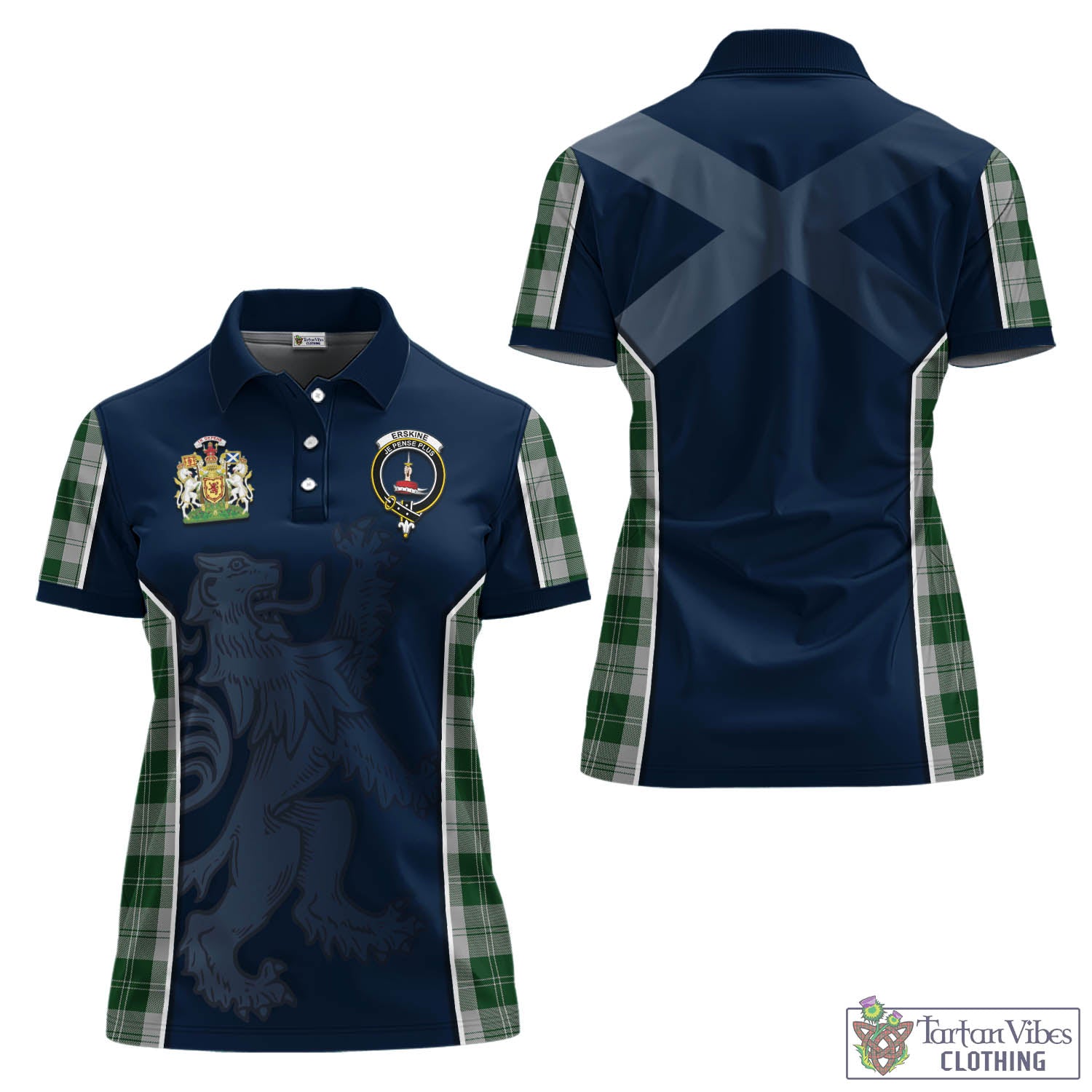 Tartan Vibes Clothing Erskine Green Tartan Women's Polo Shirt with Family Crest and Lion Rampant Vibes Sport Style