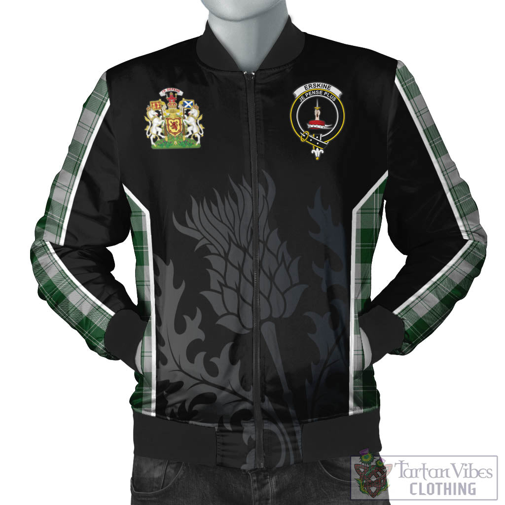 Tartan Vibes Clothing Erskine Green Tartan Bomber Jacket with Family Crest and Scottish Thistle Vibes Sport Style