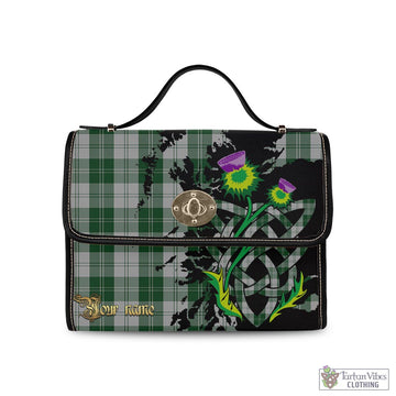Erskine Green Tartan Waterproof Canvas Bag with Scotland Map and Thistle Celtic Accents