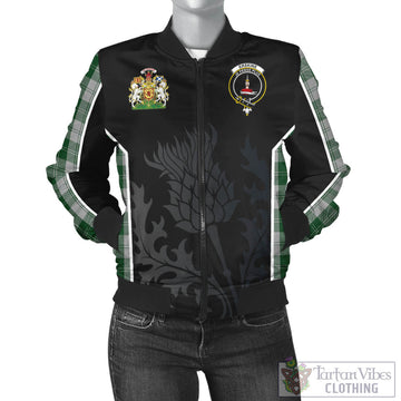 Erskine Green Tartan Bomber Jacket with Family Crest and Scottish Thistle Vibes Sport Style