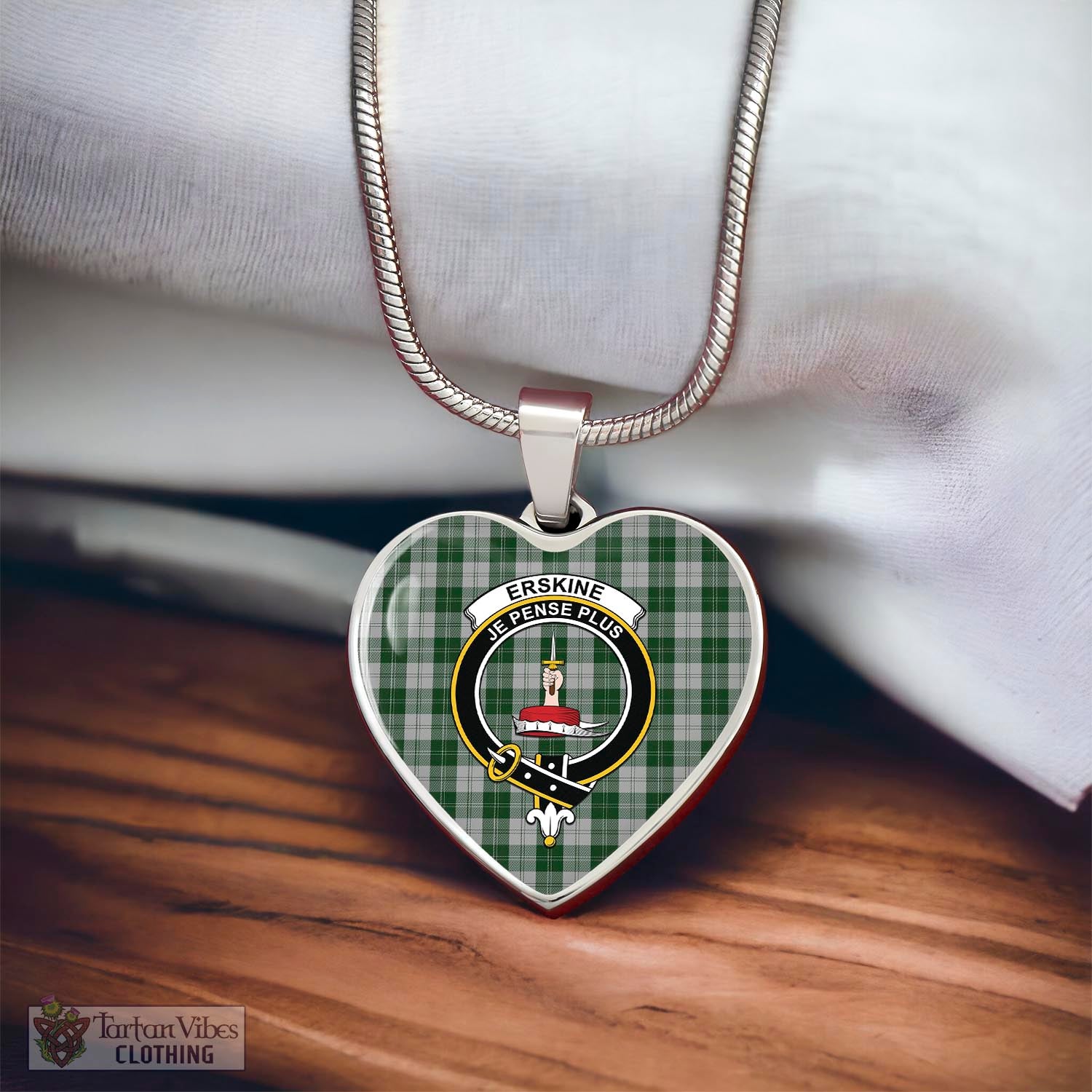 Tartan Vibes Clothing Erskine Green Tartan Heart Necklace with Family Crest