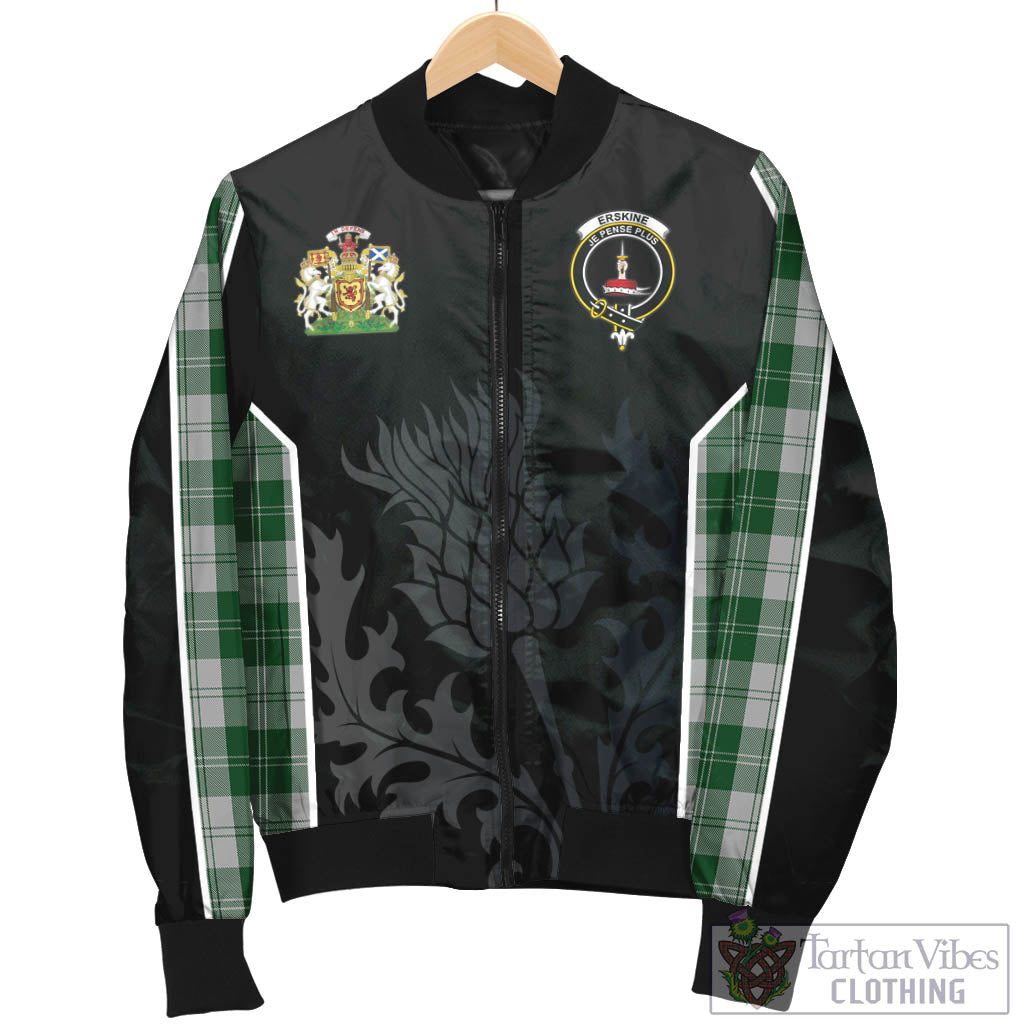 Tartan Vibes Clothing Erskine Green Tartan Bomber Jacket with Family Crest and Scottish Thistle Vibes Sport Style