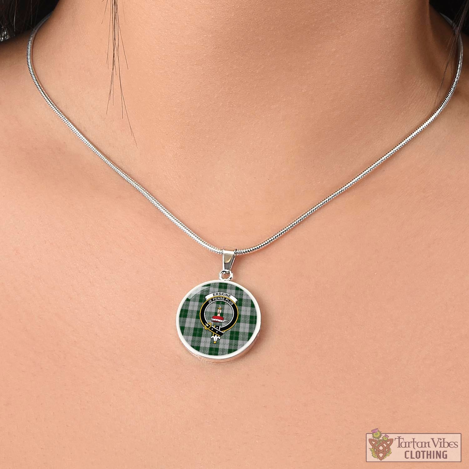 Tartan Vibes Clothing Erskine Green Tartan Circle Necklace with Family Crest
