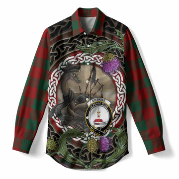 Erskine Tartan Crest Bagpipe Nessie Women Casual Shirt Scottish Loch Ness Monster Celtic Thistle