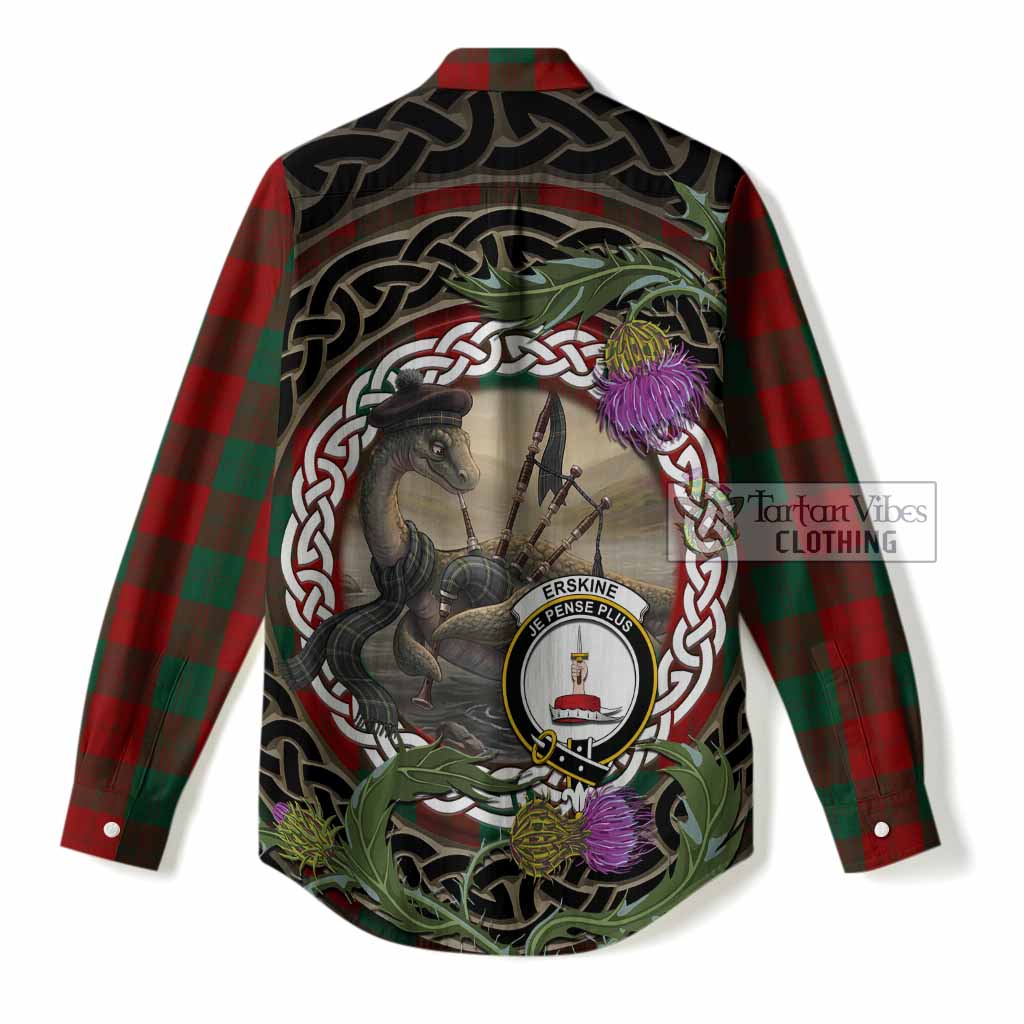 Erskine Tartan Crest Bagpipe Nessie Women Casual Shirt Scottish Loch Ness Monster Celtic Thistle