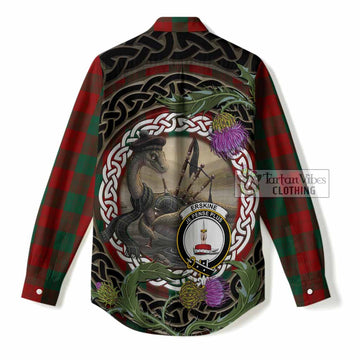 Erskine Tartan Crest Bagpipe Nessie Women Casual Shirt Scottish Loch Ness Monster Celtic Thistle