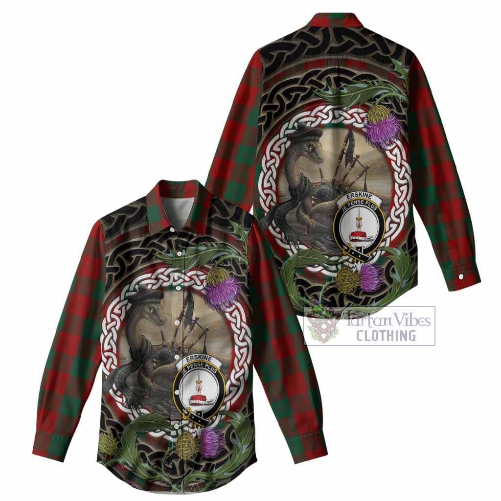 Erskine Tartan Crest Bagpipe Nessie Women Casual Shirt Scottish Loch Ness Monster Celtic Thistle