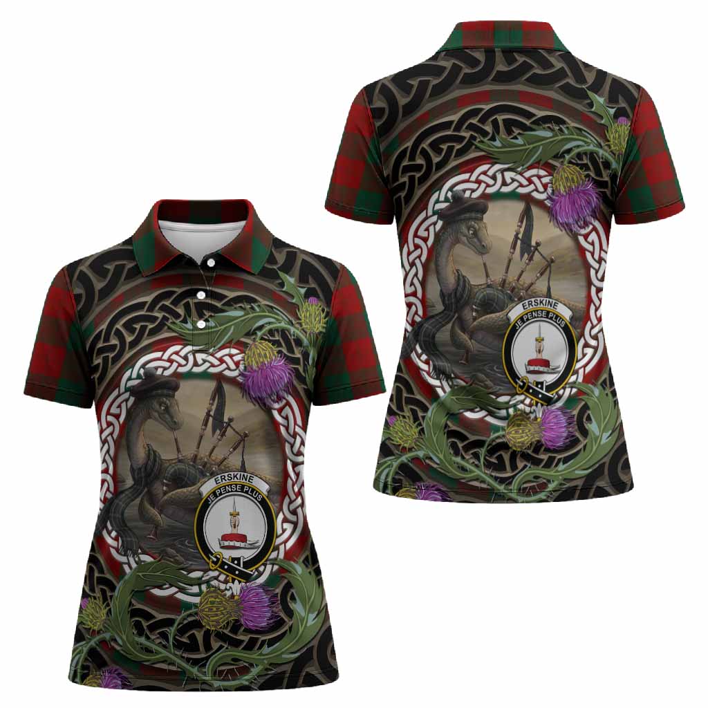 Erskine Tartan Crest Bagpipe Nessie Women Polo Shirt Scottish Loch Ness Monster Celtic Thistle