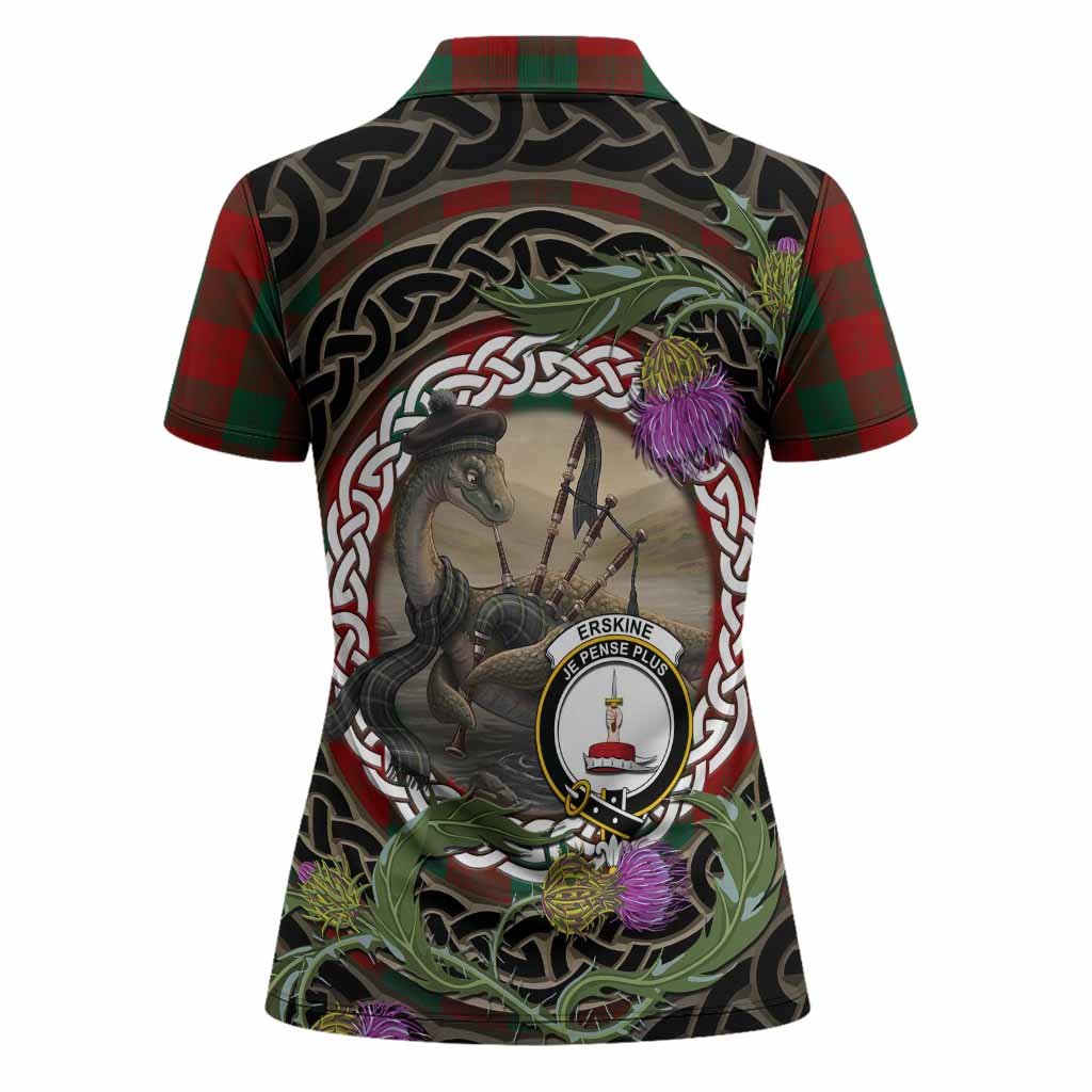 Erskine Tartan Crest Bagpipe Nessie Women Polo Shirt Scottish Loch Ness Monster Celtic Thistle