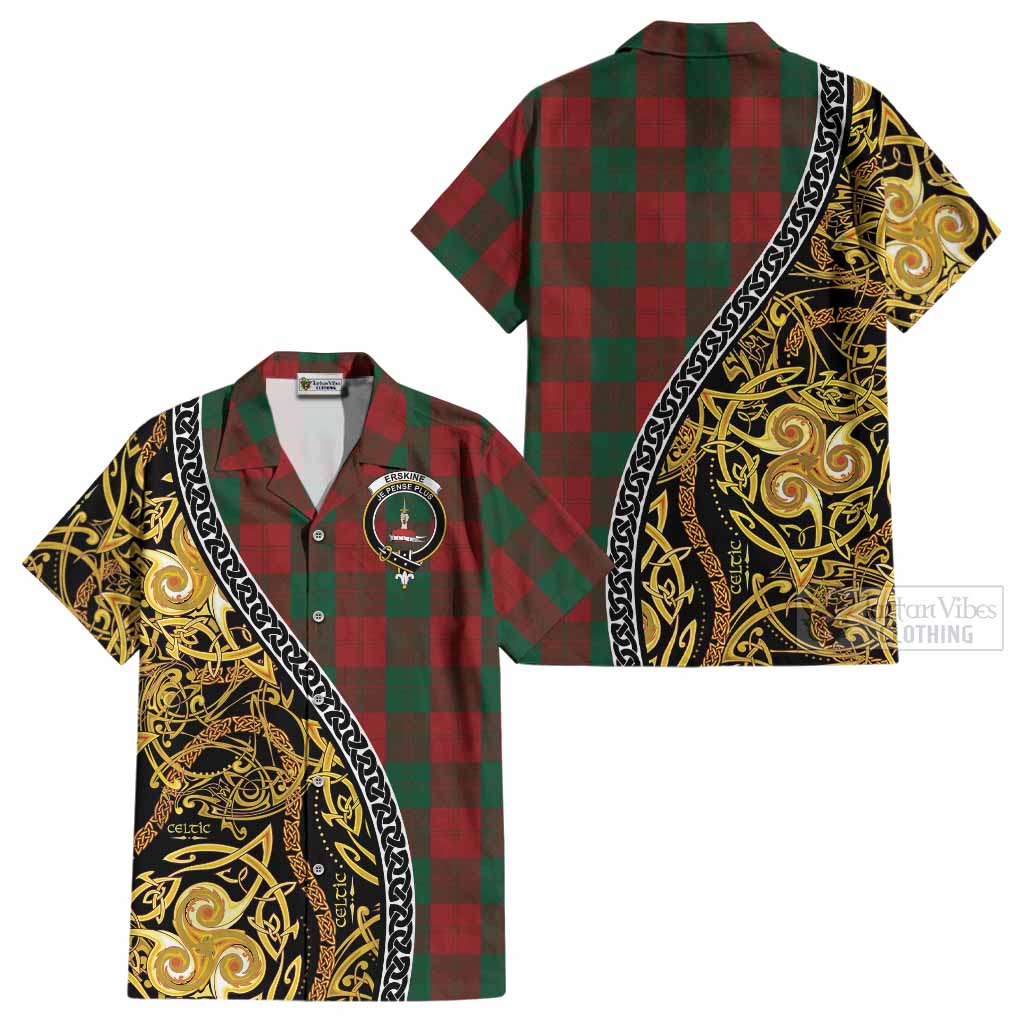 Erskine Tartan Crest Cotton Hawaiian Shirt Celtic Knot and Triple Trickle Spiral Symbols