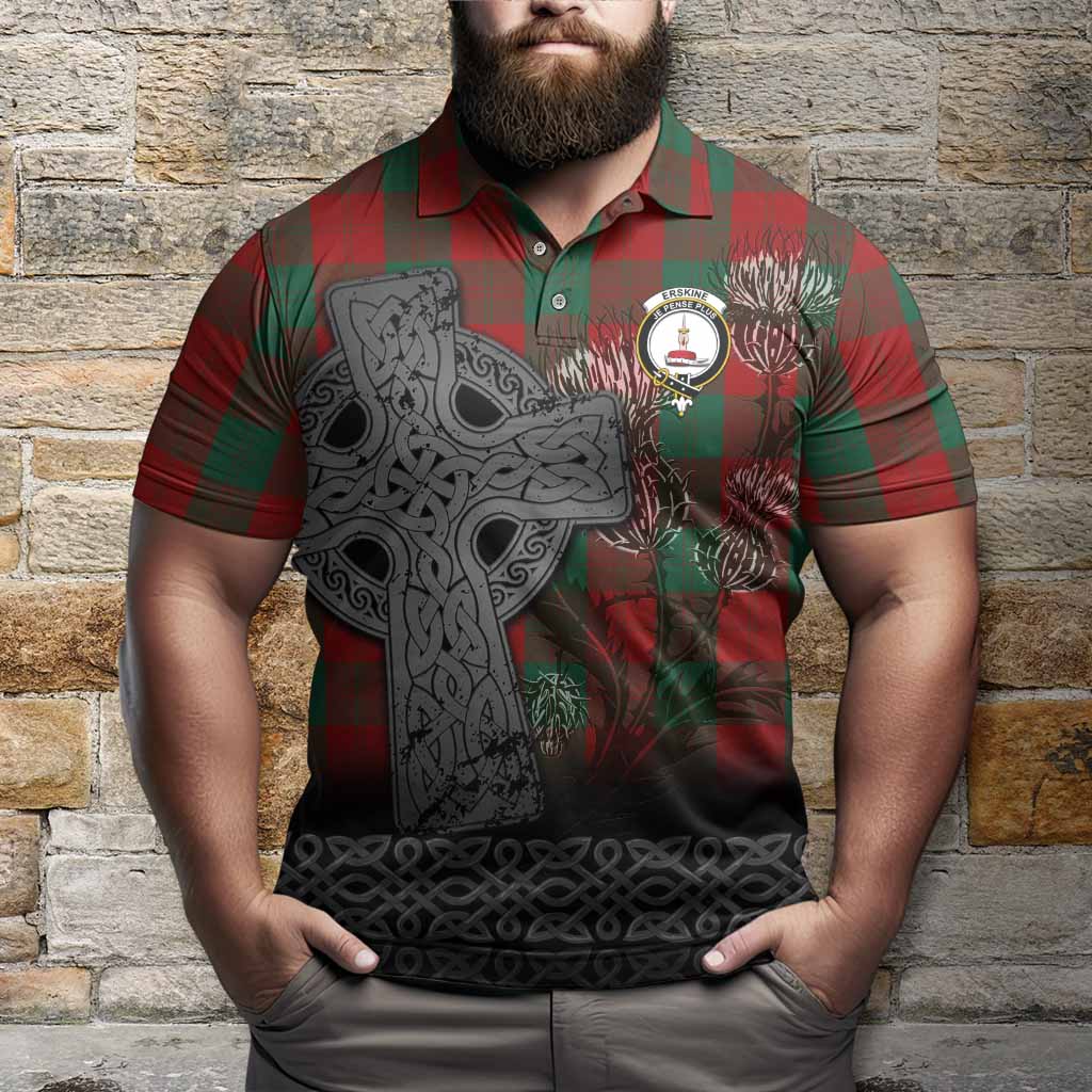 Erskine Tartan Crest Polo Shirt Grunge Celtic Cross Scottish Thistle