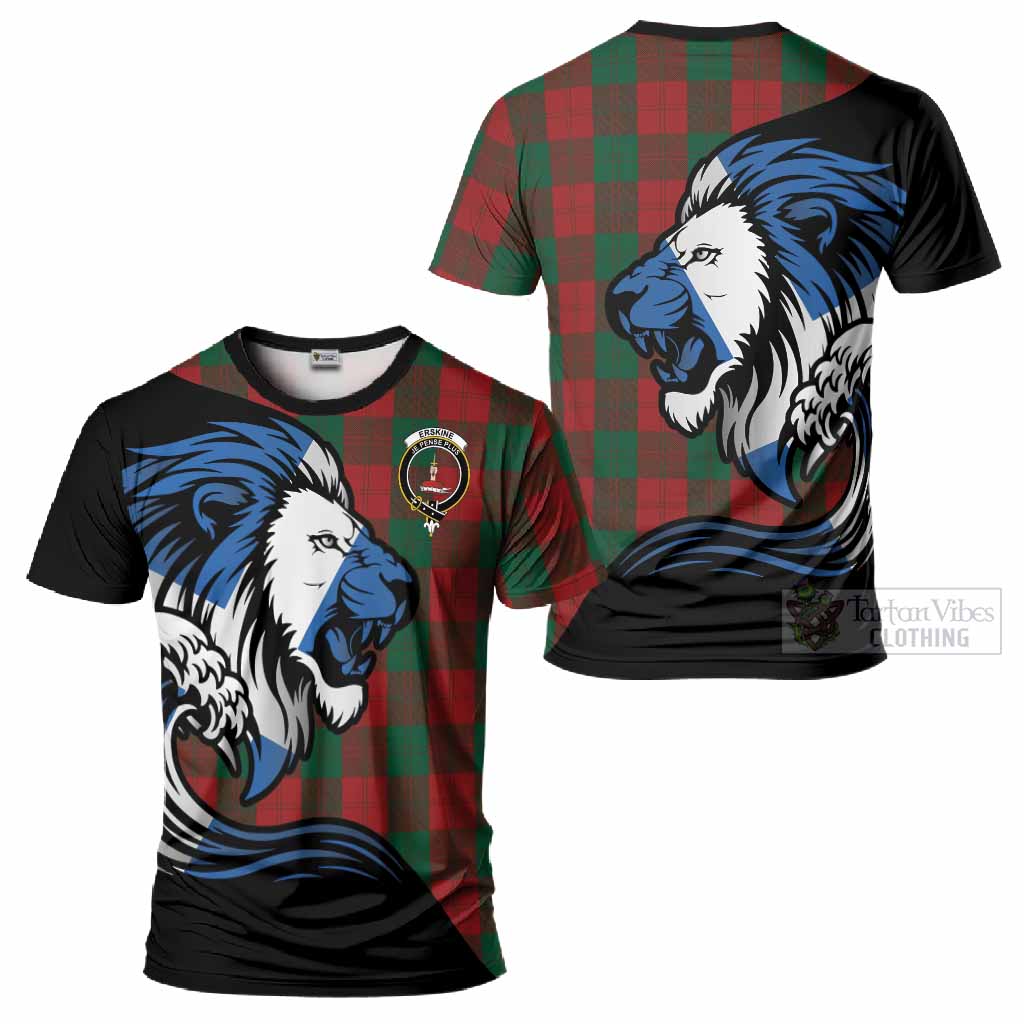 Erskine Tartan Crest T-Shirt Scottish Golden Lions Wave Flow