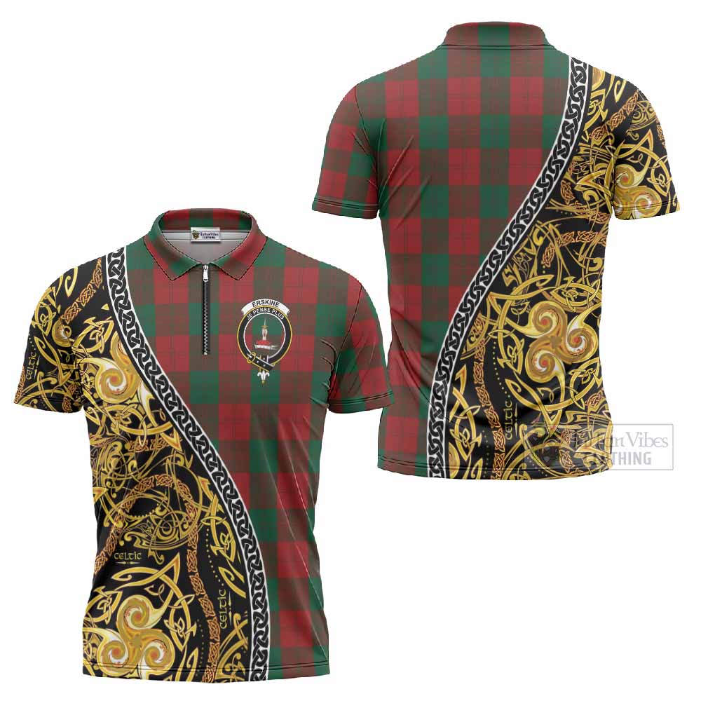Erskine Tartan Crest Zipper Polo Shirt Celtic Knot and Triple Trickle Spiral Symbols