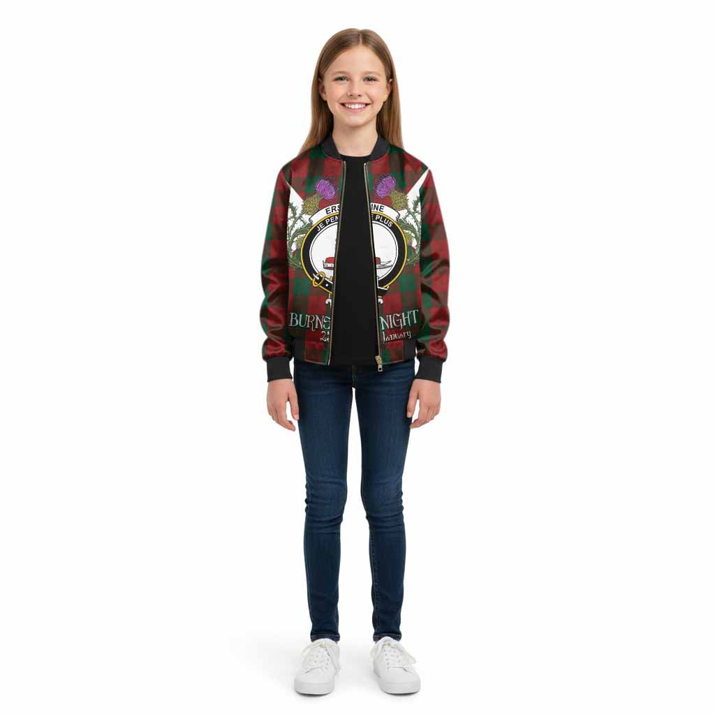 Erskine Tartan Family Crest Kid Bomber Jacket Scottish Burns Night Thistle Floral