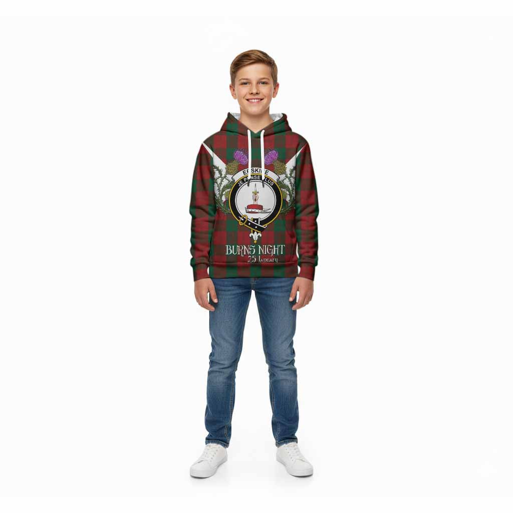 Erskine Tartan Family Crest Kid Hoodie Scottish Burns Night Thistle Floral