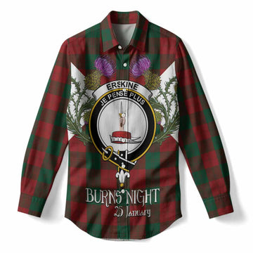 Erskine Tartan Family Crest Women Casual Shirt Scottish Burns Night Thistle Floral