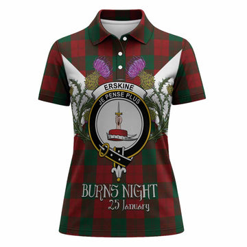 Erskine Tartan Family Crest Women Polo Shirt Scottish Burns Night Thistle Floral