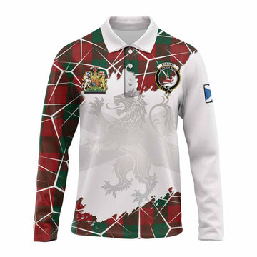 Erskine Tartan Long Sleeve Polo Shirt with Family Crest and Lion Rampant Grunge Style