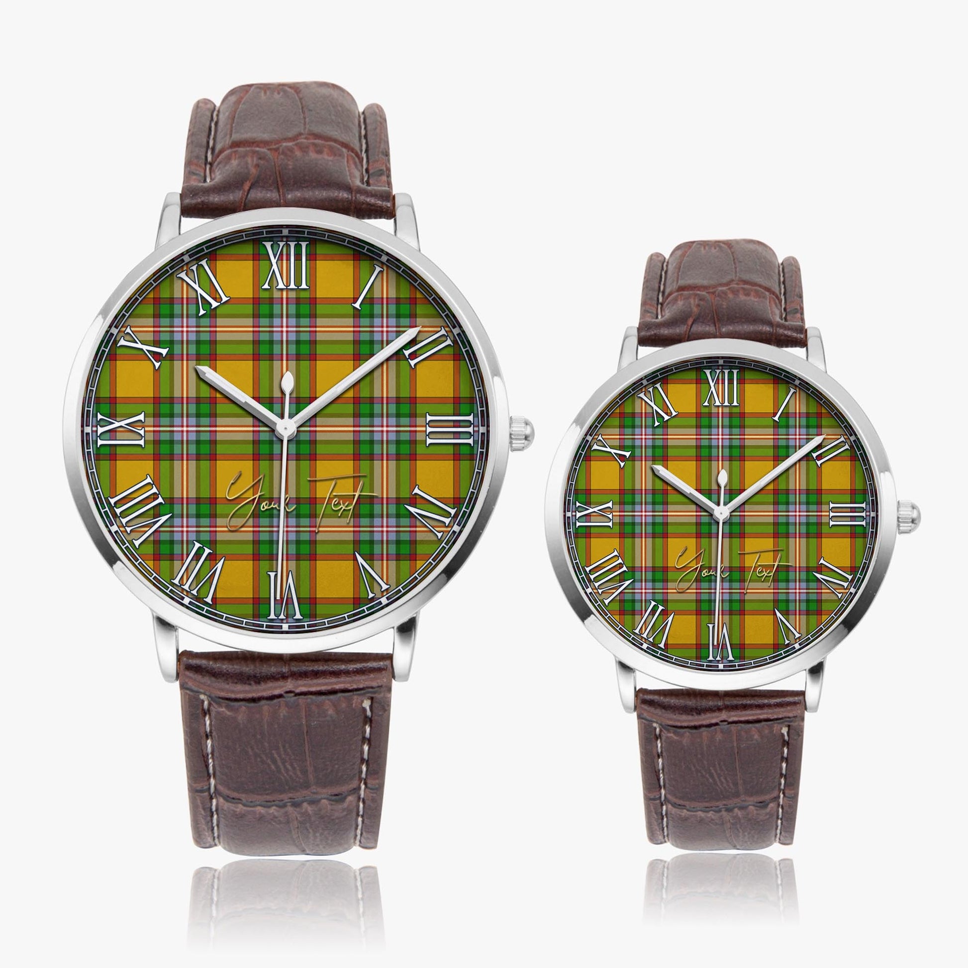 Essex County Canada Tartan Personalized Your Text Leather Trap Quartz Watch Ultra Thin Silver Case With Brown Leather Strap - Tartanvibesclothing