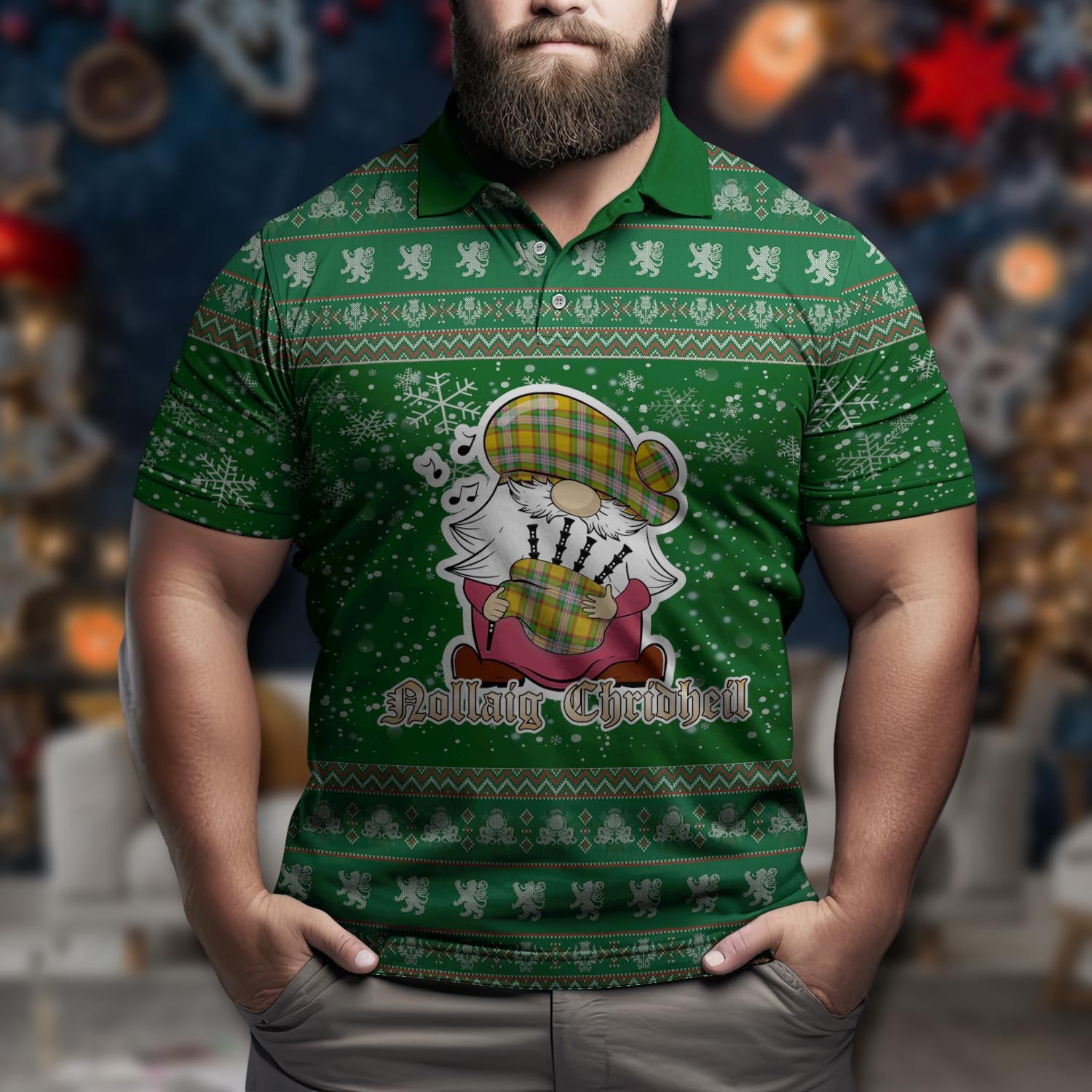 Essex County Canada Clan Christmas Family Polo Shirt with Funny Gnome Playing Bagpipes Men's Polo Shirt Green - Tartanvibesclothing