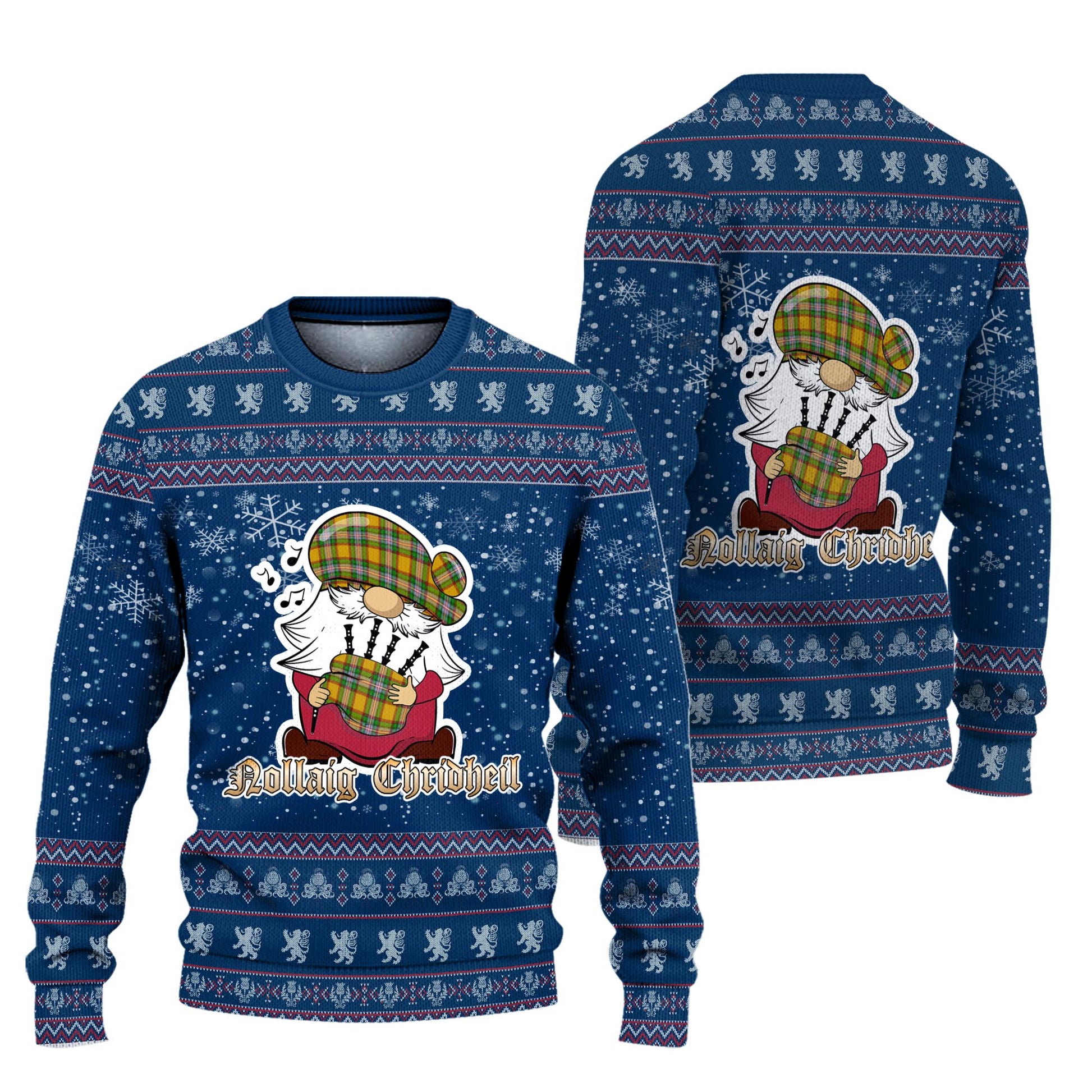 Essex County Canada Clan Christmas Family Knitted Sweater with Funny Gnome Playing Bagpipes Unisex Blue - Tartanvibesclothing