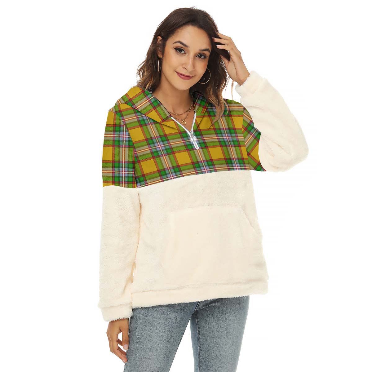 Essex County Canada Tartan Women's Borg Fleece Hoodie With Half Zip Female - Tartan Vibes Clothing
