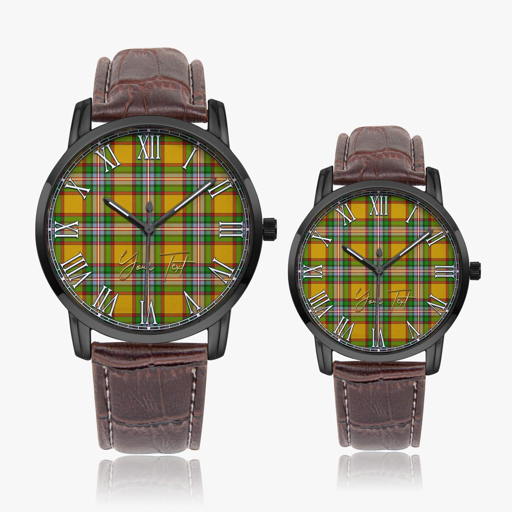 Essex County Canada Tartan Personalized Your Text Leather Trap Quartz Watch Wide Type Black Case With Brown Leather Strap - Tartanvibesclothing