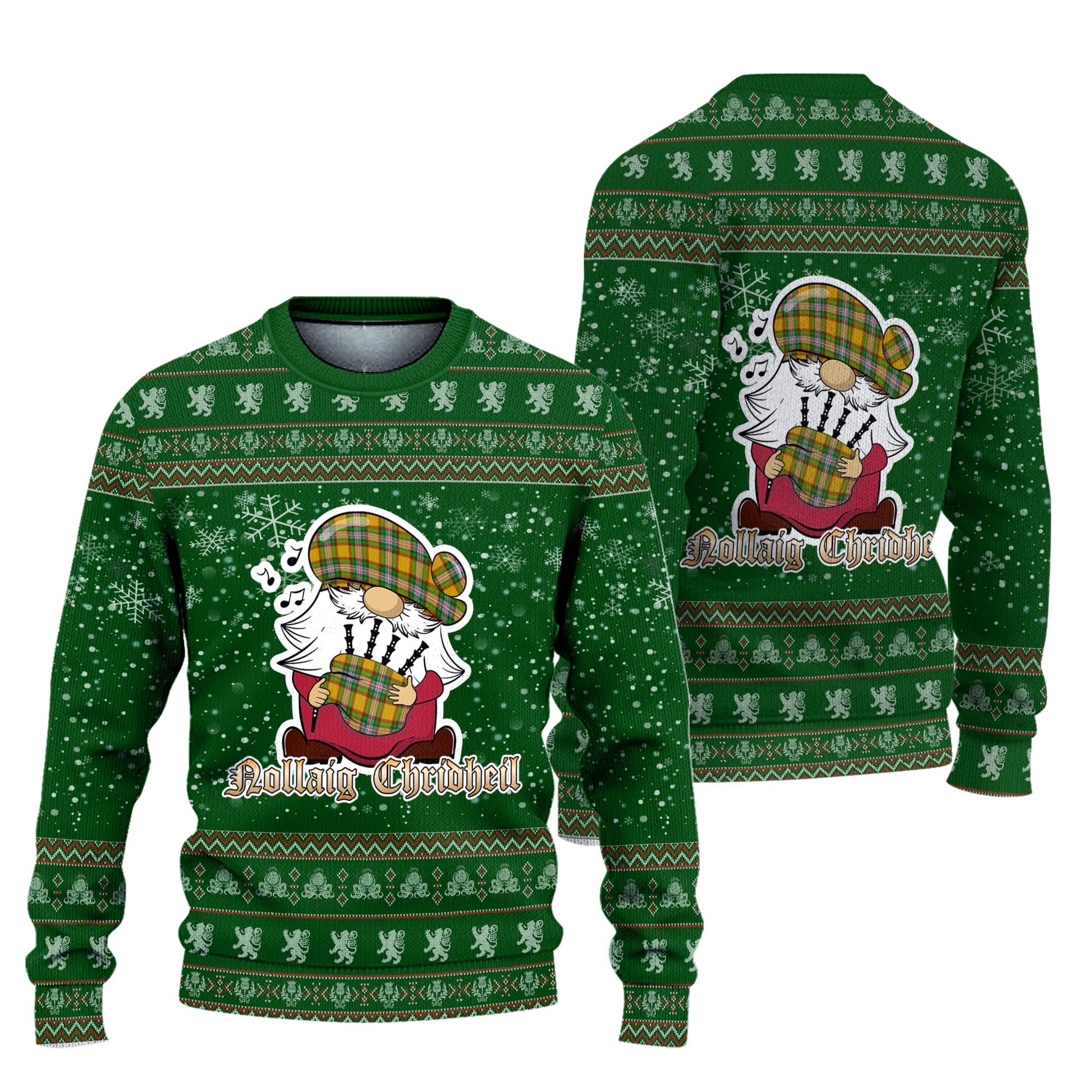 Essex County Canada Clan Christmas Family Knitted Sweater with Funny Gnome Playing Bagpipes Unisex Green - Tartanvibesclothing