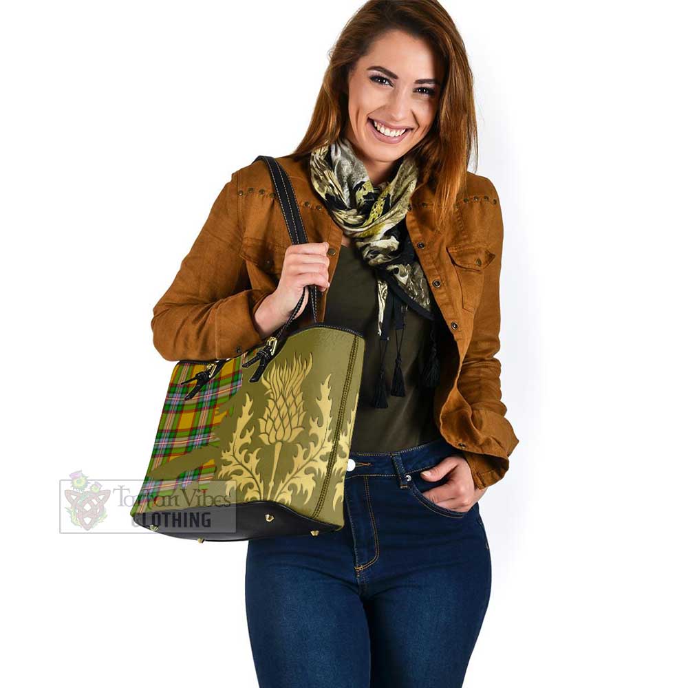 Tartan Vibes Clothing Essex County Canada Tartan Leather Tote Bag Gold Thistle Style