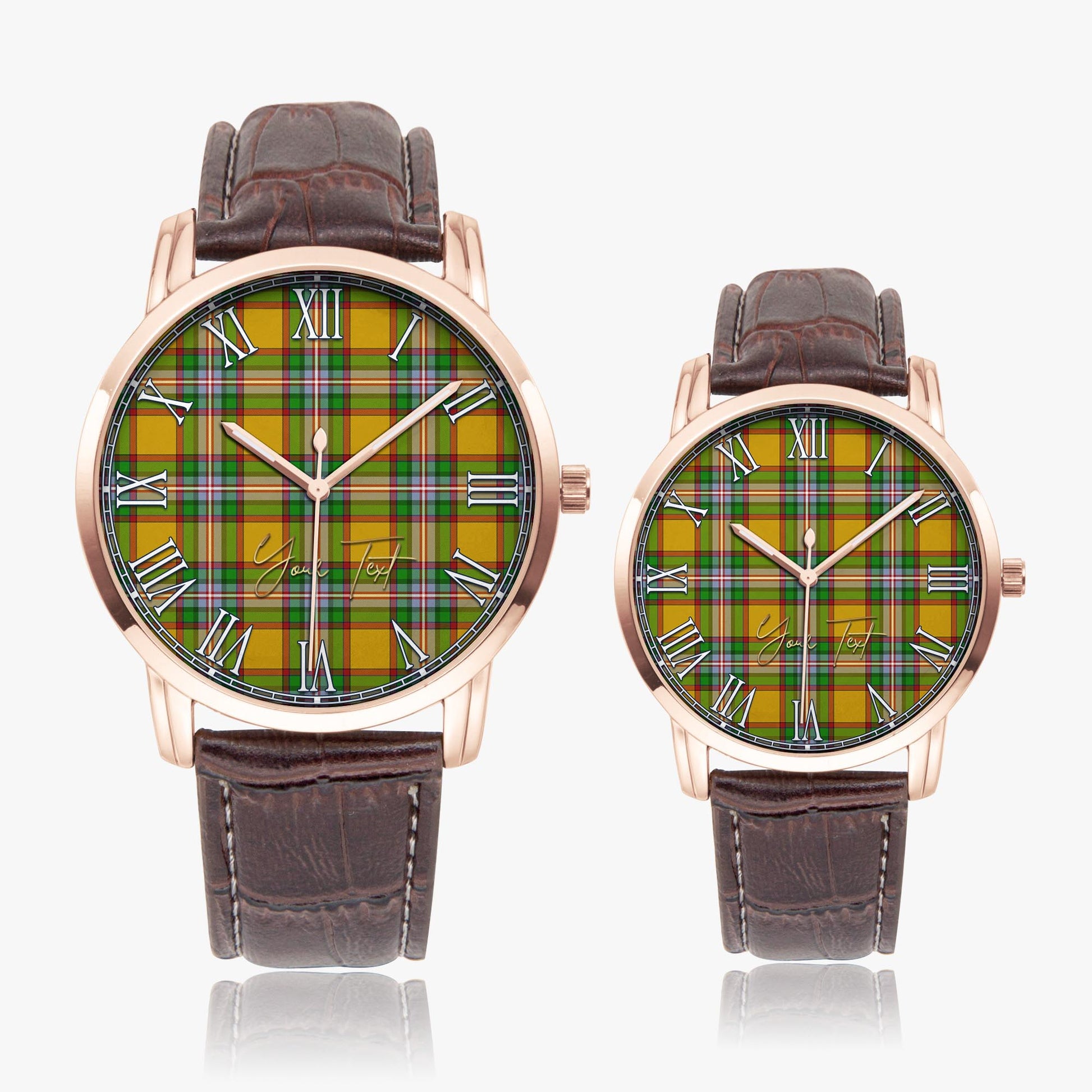 Essex County Canada Tartan Personalized Your Text Leather Trap Quartz Watch Wide Type Rose Gold Case With Brown Leather Strap - Tartanvibesclothing