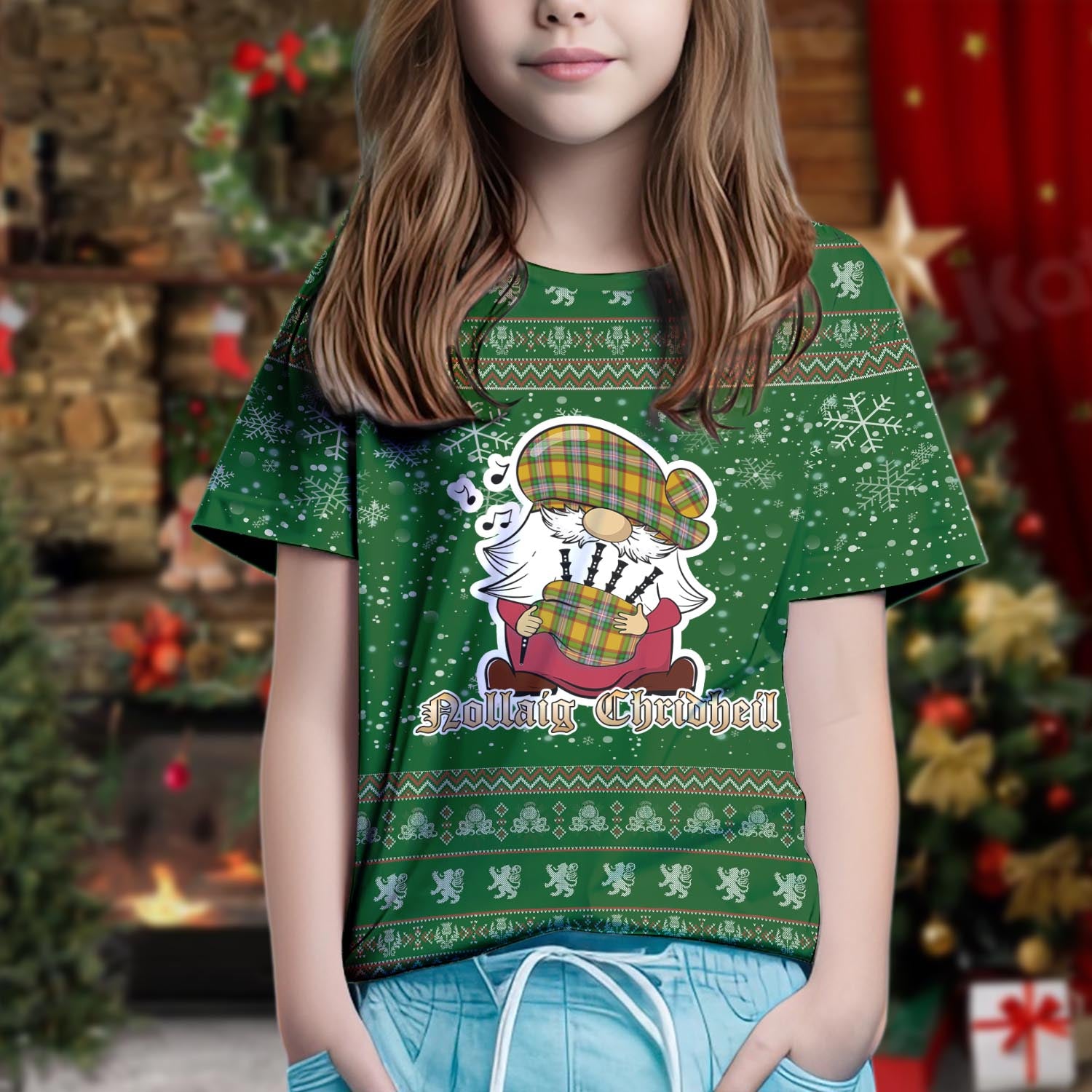 Essex County Canada Clan Christmas Family T-Shirt with Funny Gnome Playing Bagpipes Kid's Shirt Green - Tartanvibesclothing