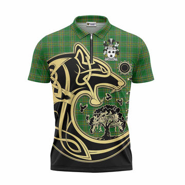 Evans Irish Tartan Zipper Polo Shirt with Coat of Arms Celtic Wolf Style Unisex - Tartan Vibes Clothing