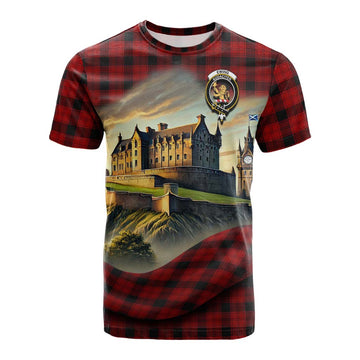 Tartan Vibes Clothing Ewing Tartan Family Crest Cotton T-shirt with Scottish Ancient Castle Style