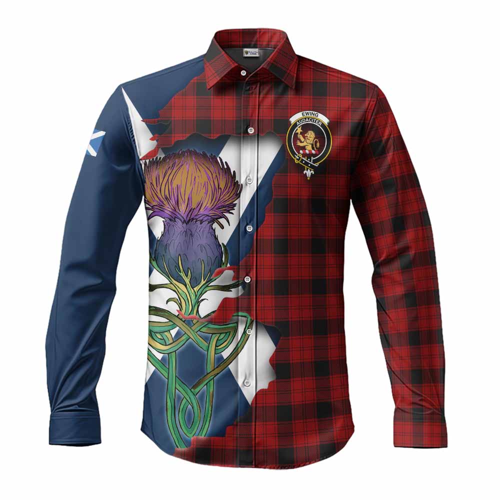 Tartan Vibes Clothing Ewing Tartan Family Crest Long Sleeve Button Shirt Scottish Thistle Celtic Inspired